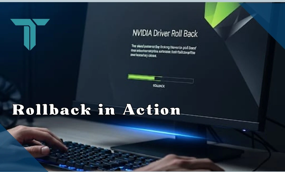 A person using a keyboard while a desktop monitor displays an NVIDIA driver rollback screen with a progress bar and instructions, accompanied by the text "Rollback in Action," indicating the process of reverting to a previous driver version.