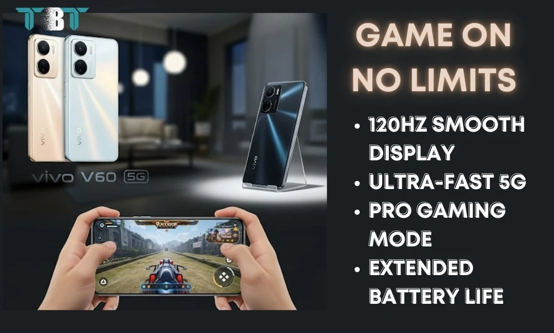 Vivo V60 5G smartphone showcasing gaming features with 120Hz smooth display, ultra-fast 5G, pro gaming mode, and extended battery life.