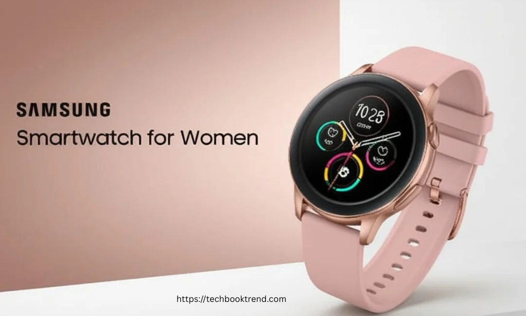 rose gold samsung smartwatch with pink strap displayed alongside text smartwatch for women.