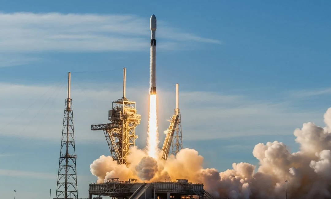 rocket launching into the sky with flames and smoke at the base.