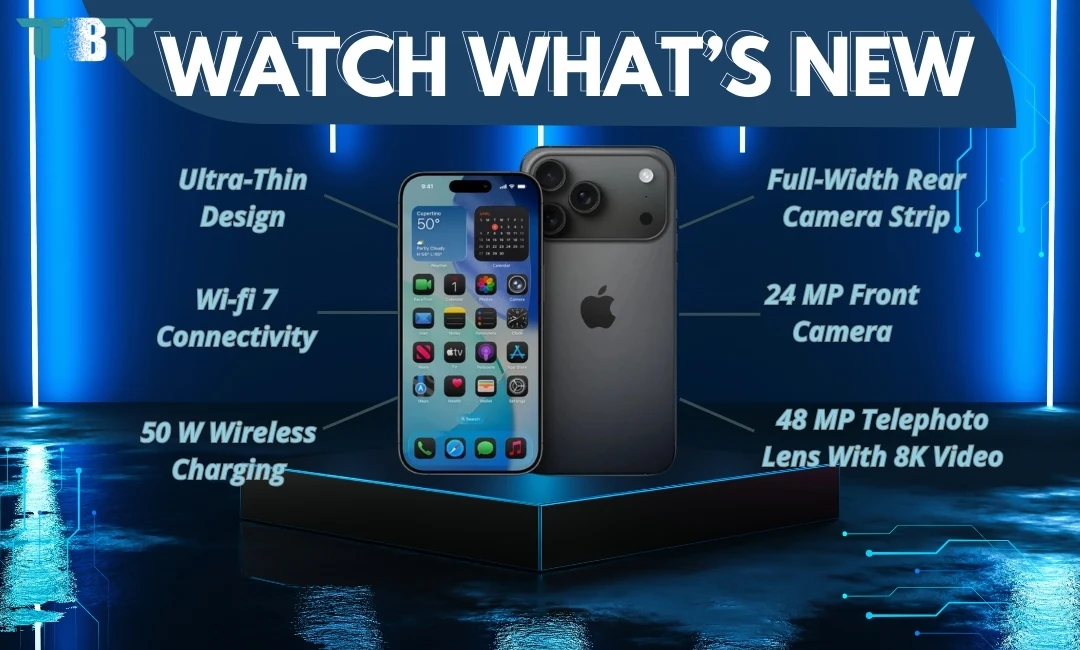iPhone 17 showcasing its futuristic design and advanced features, including ultra-thin body, Wi-Fi 7 connectivity for faster internet, 50W wireless charging, full-width rear camera strip, powerful 24 MP front camera for selfies, and a 48 MP telephoto lens with 8K video recording, highlighting Apple’s next-gen smartphone innovation.