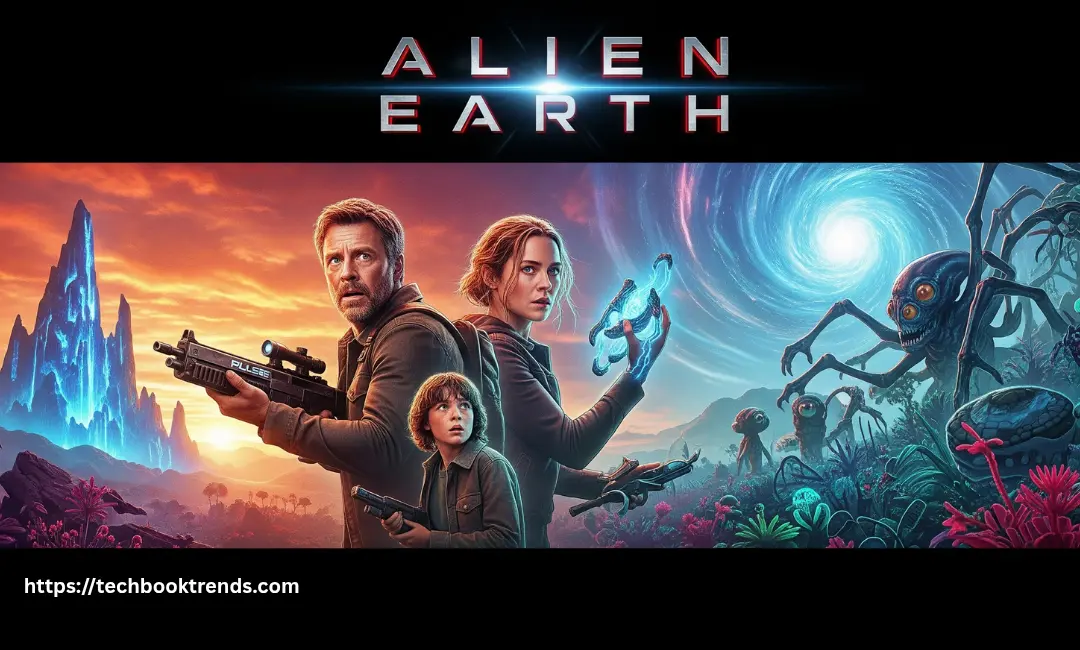 Alien earth poster with three armed humans facing alein creatures in a glowing, otherwordly landscape.