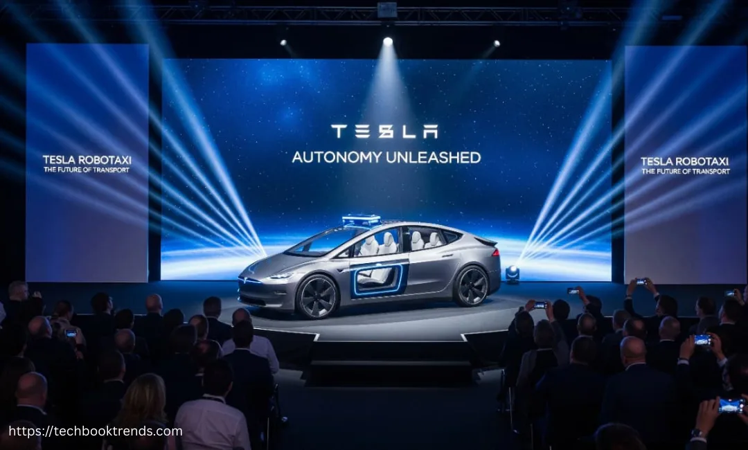tesla robotaxi showcased on stage at an event with text autonomy unleashed