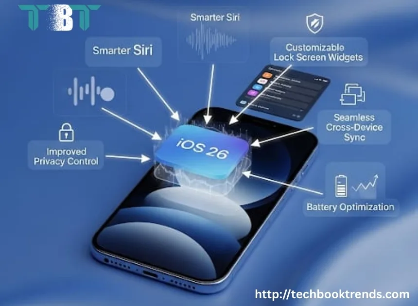 iOS 26 features highlighted on iPhone – smarter Siri, customizable lock screen widgets, improved privacy control, seamless cross-device sync, and battery optimization.