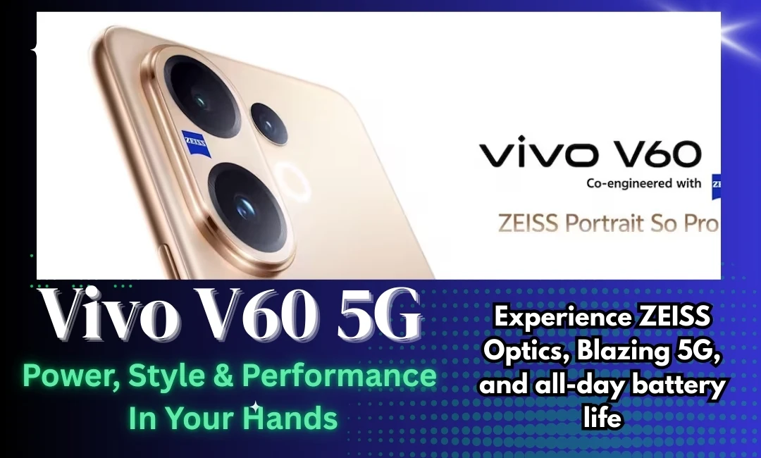 Vivo V60 5G smartphone with ZEISS optics, gold finish, triple camera setup, and tagline highlighting power, style, performance, blazing 5G, and all-day battery life