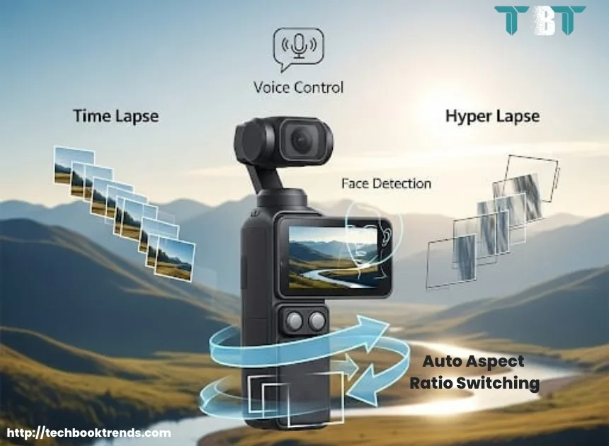 DJI Osmo Pocket 3 camera showing features like time lapse, hyper lapse, voice control, face detection, and auto aspect ratio switching.