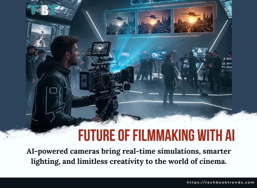AI-powered camera showing real-time scene simulations and lighting previews on a futuristic film set.