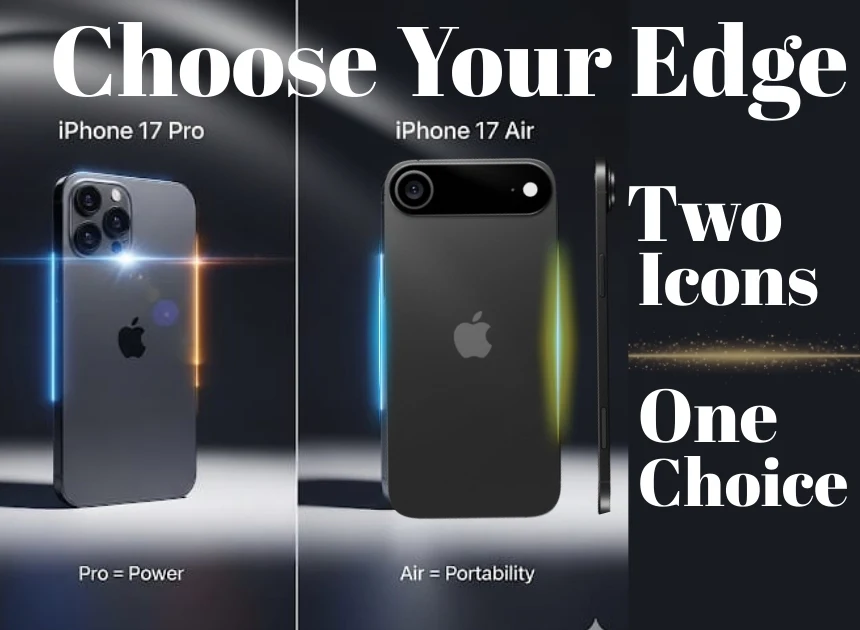 Split-screen comparison of iPhone 17 Pro and iPhone 17 Air with glowing effects, featuring the tagline “Choose Your Edge – Two Icons, One Choice,” highlighting Pro = Power and Air = Portability.