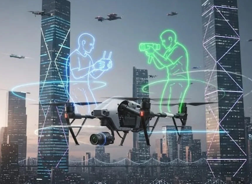 DJI Inspire 3 drone flying in a futuristic city skyline, showcasing dual-control system with neon outlines of a pilot using a controller and a cameraman capturing footage, highlighting advanced gimbal rotation and flight mastery.