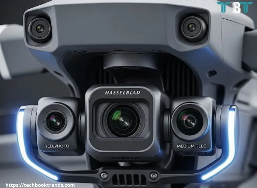 Close-up of DJI Mavic 3 Pro triple-camera system featuring Hasselblad main camera, medium tele camera, and telephoto lens.