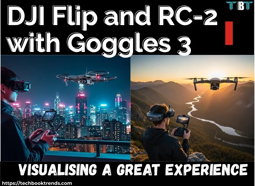 DJI Flip and RC-2 drone with Goggles 3, showcasing aerial photography in both a vibrant cityscape at night and a scenic mountain valley at sunset, highlighting immersive flying experiences.